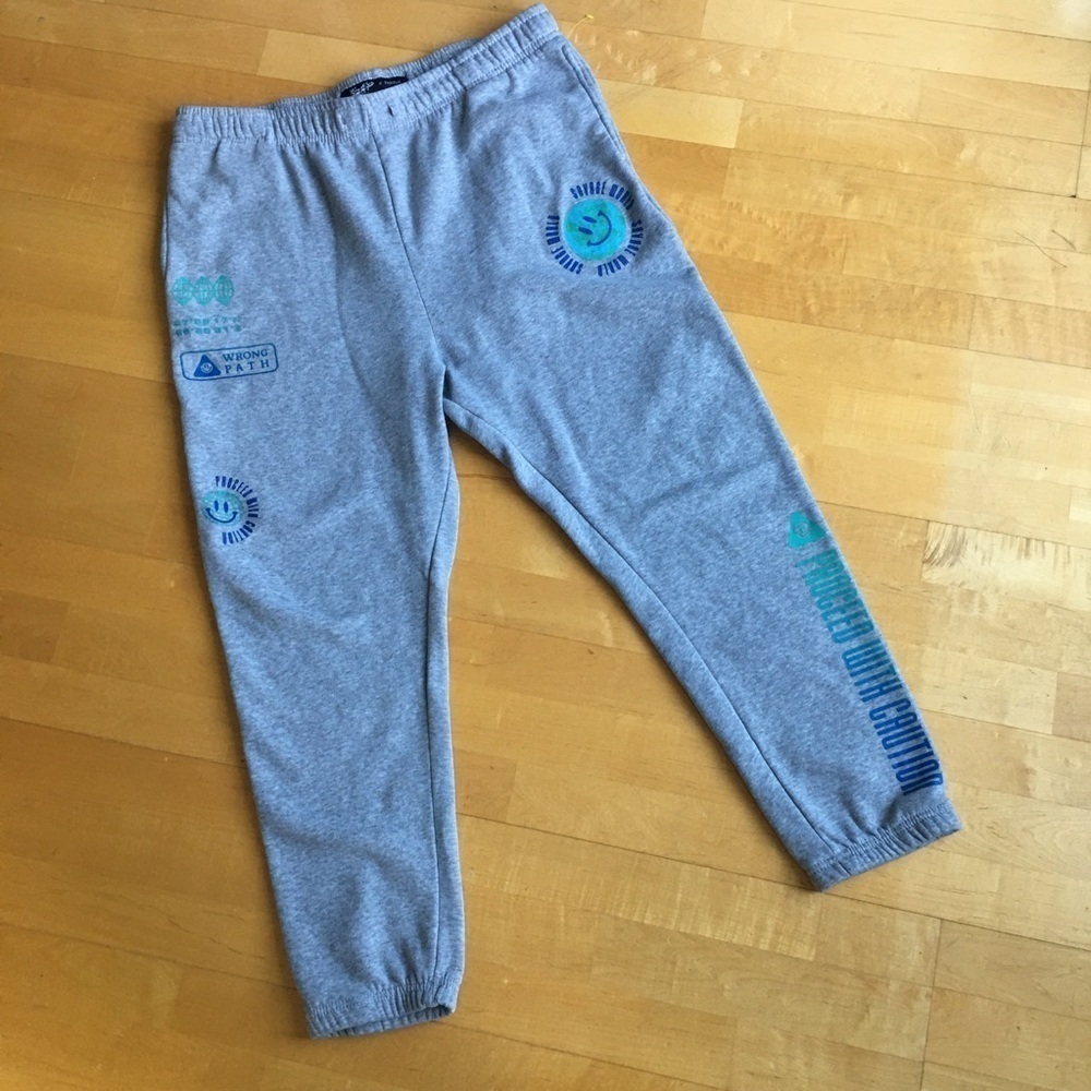 Brooklyn Cloth “Proceed With Caution” Smiley Face Sweatpants, Gray, Size XL
